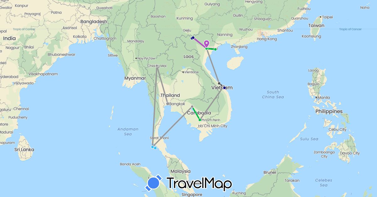 TravelMap itinerary: driving, bus, plane, train, boat, motorbike in Cambodia, Thailand, Vietnam (Asia)